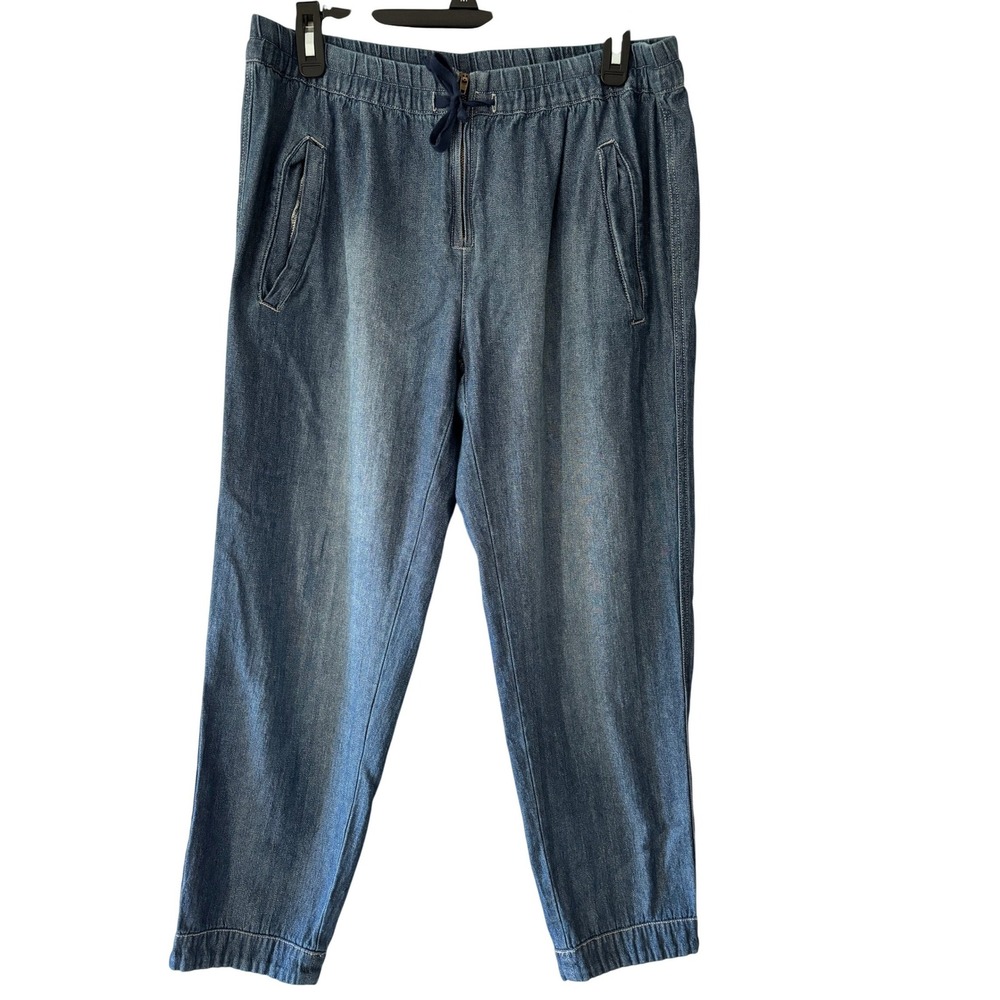 Denim Joggers Women Medium Blue Elastic Waist Zip Pocket Casual Comfy